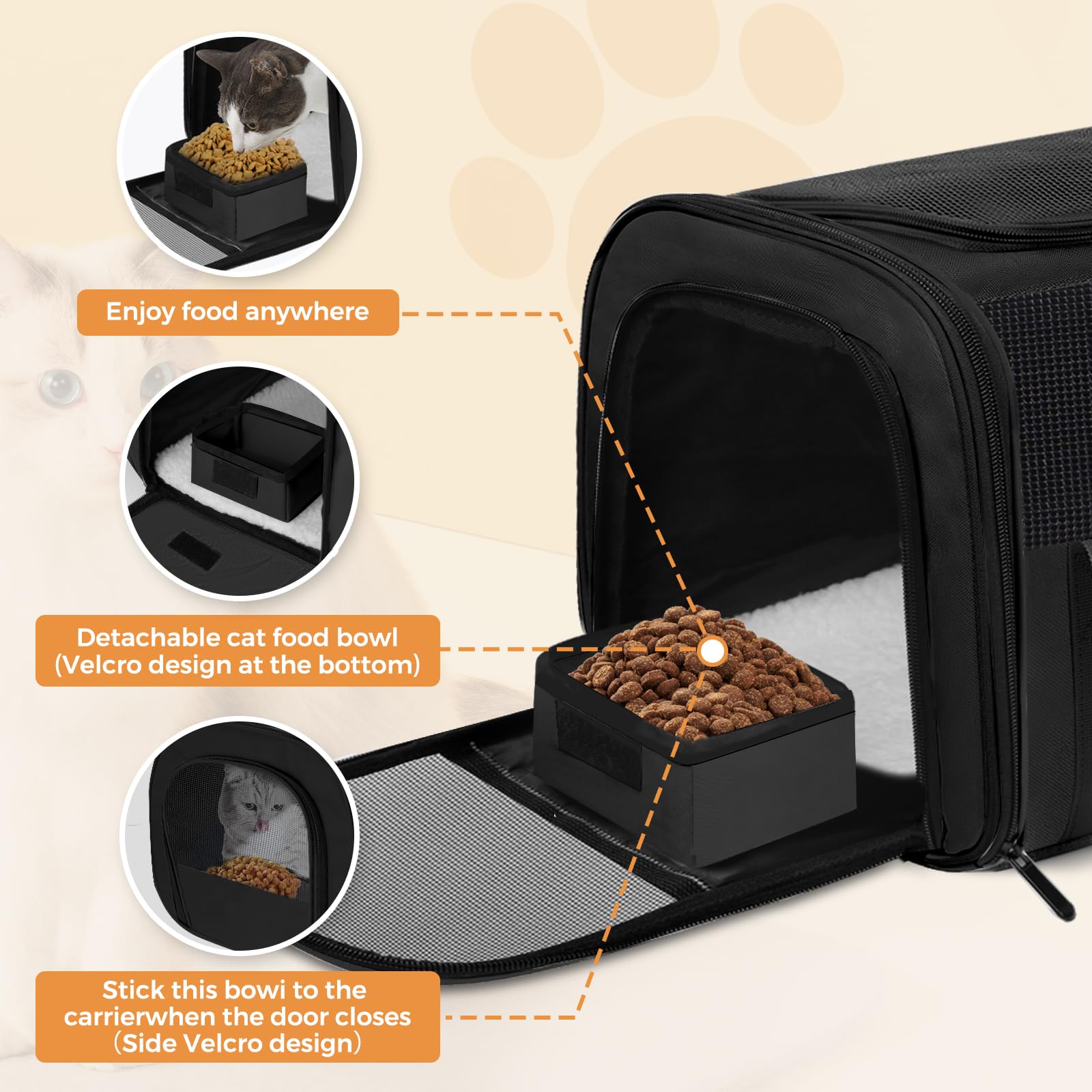 Soft Cat Carrier with Detachable Food Bowl,Pet Travel Bag (Up to 16 lbs)