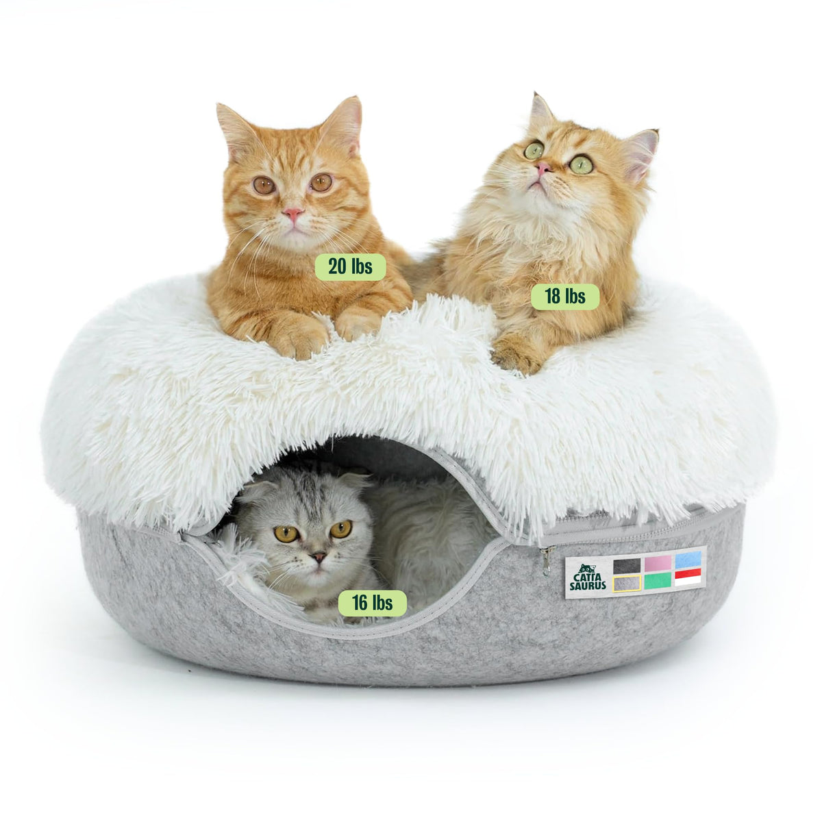 CATTASAURUS Peekaboo Cat Cave for Multiple & Large Cats Up to 30-45 Lbs, Fluffy Cat Beds for Indoor Cats, Scratch Detachable & Washable Tunnel Bed, Comfy Donut Cave (Light Gray, Large (Calming))