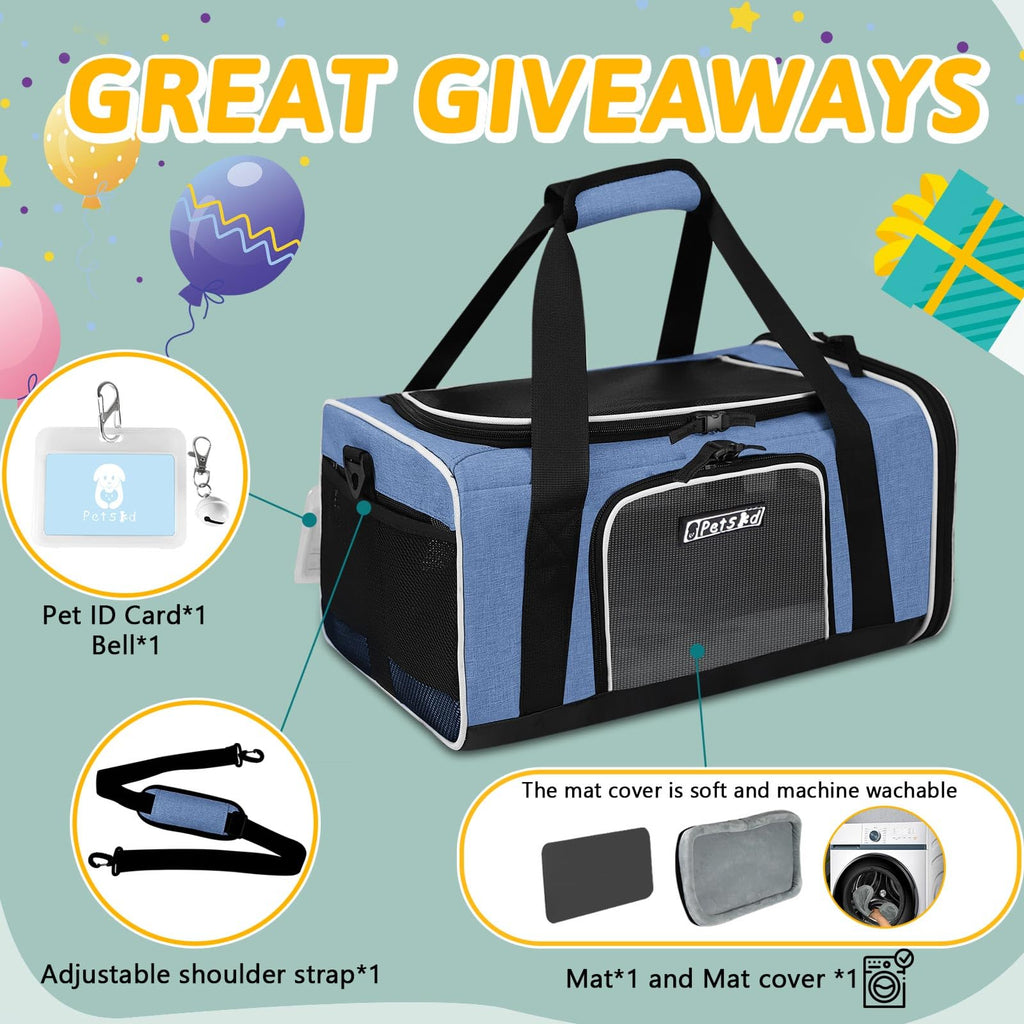 Petskd Small Pet Carrier 17" L x 11" W x 9.5" H Airline Approved, Blue