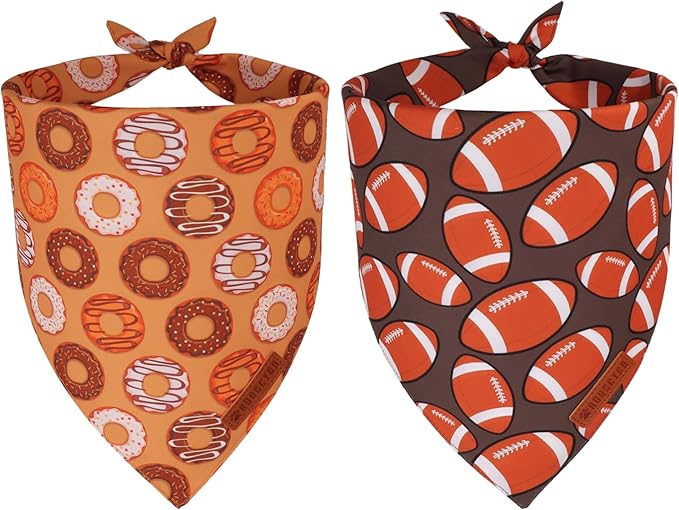 ADOGGYGO Dog Bandanas Boy Girl, Reversible Football Donuts Pet Scarf, Premium Fabric, Adjustable Fit Brown Football Bandanas for Extra Large Dogs (X-Large)