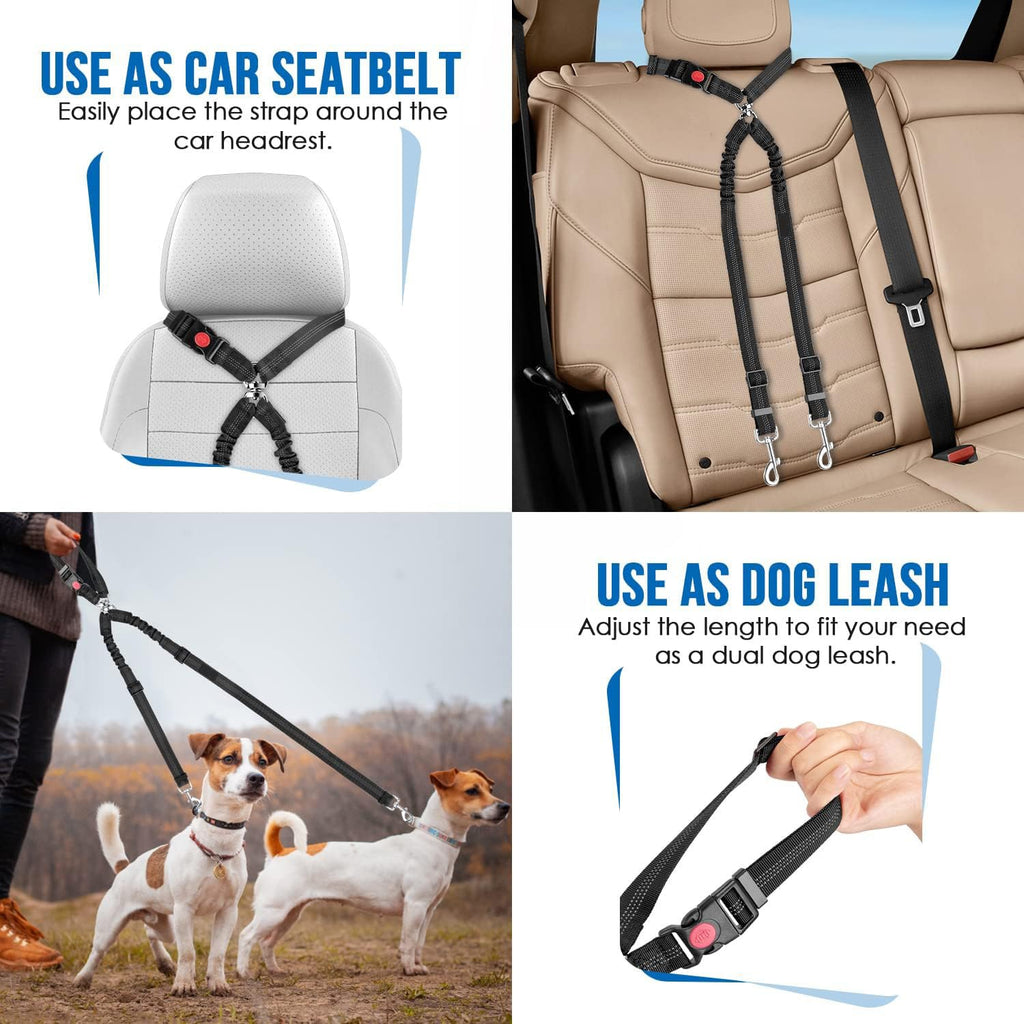 KOOK UDU Dog Seat Belt for Car, Dual Pet Vehicle Headrest Restraint Safety Seatbelt,Two Dog Leash No Tangle Dog Car Leash Seat Belt,Duty Adjust Elastic Connect Harness in Vehicle Travel(Black)