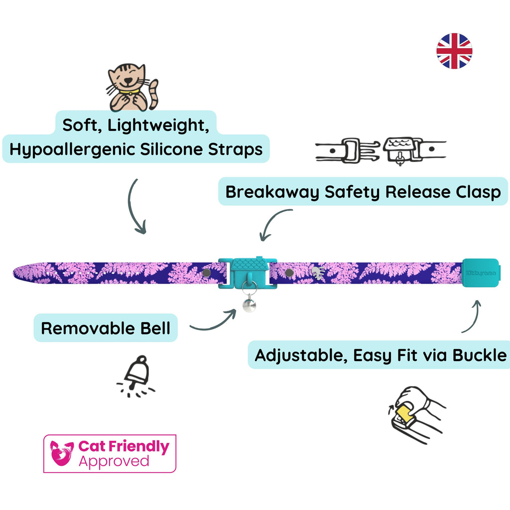 Kittyrama Botanicals Fern Kitten Collar. Award Winning. Hypoallergenic, Quick Release Breakaway, Comfy & Soft. Vet Approved. Other Styles Available