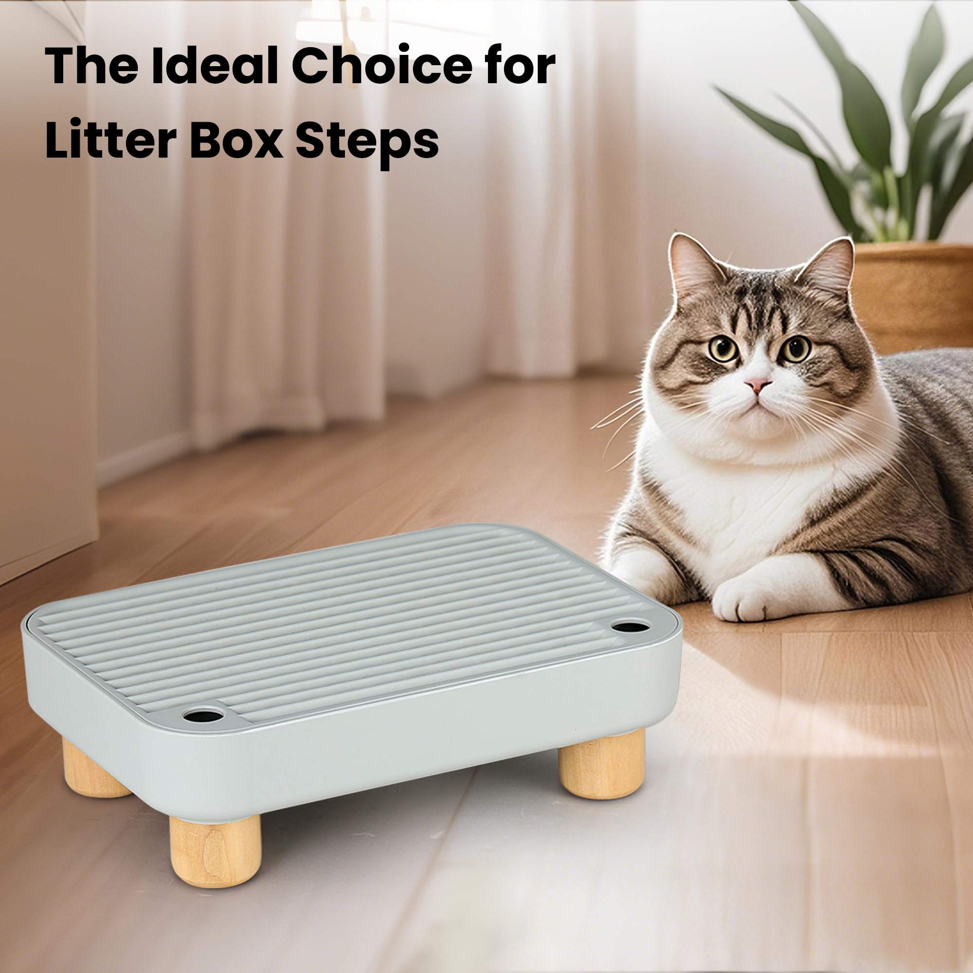 Aothey Litter Box Step, Litter Box Ramp/Catcher with Wooden Base, Anti-Tracking & Easy to Clean, Ideal for Small & Elderly Cats (Grey)