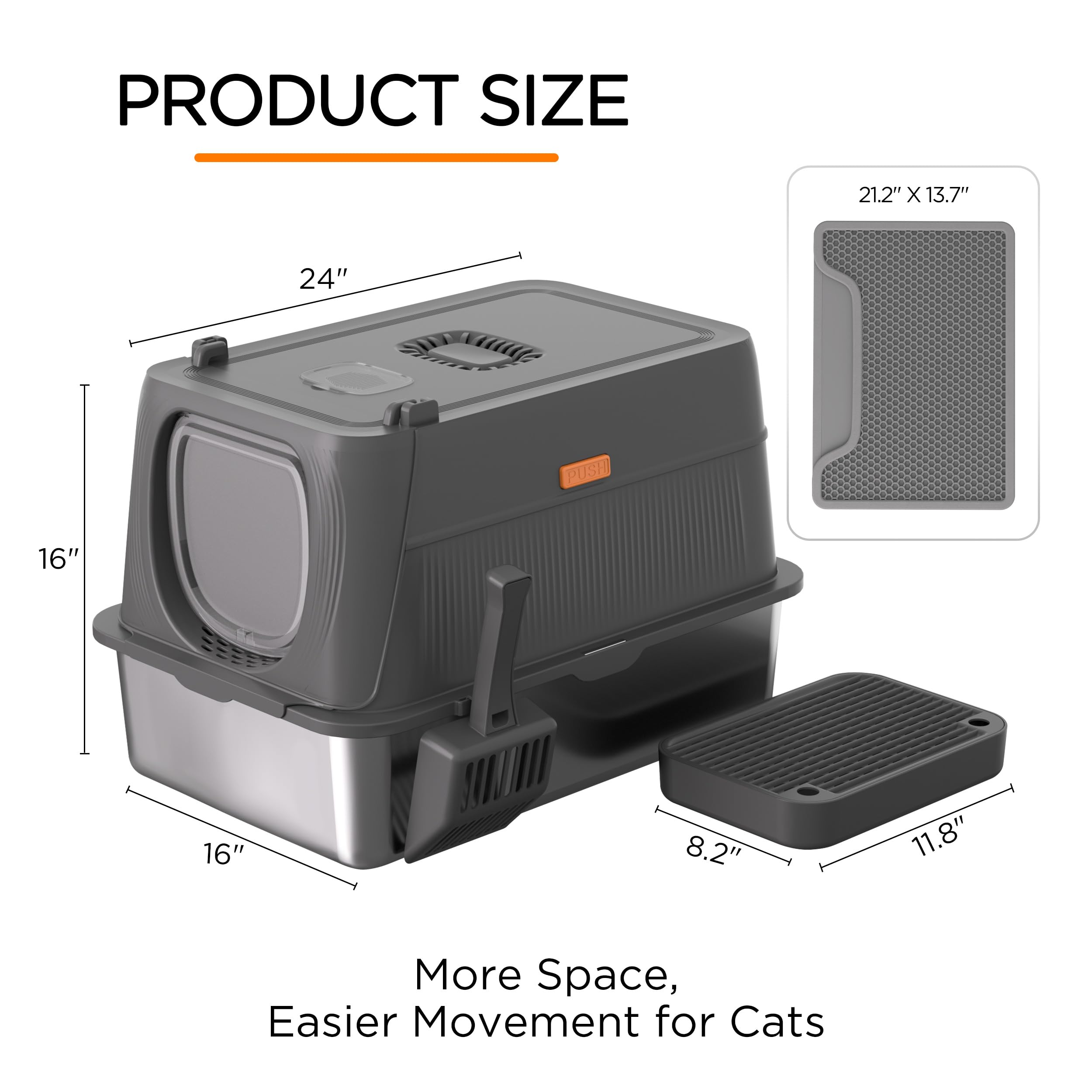 Anywish Stainless Steel Cat Litter Box with Lid, XL Extra Large Enclosed Removable Metal Litter Box with Litter Scoop&Double Layer Litter Mat, Non-Sticky, Non-Odor, for Big Cats Dark Grey