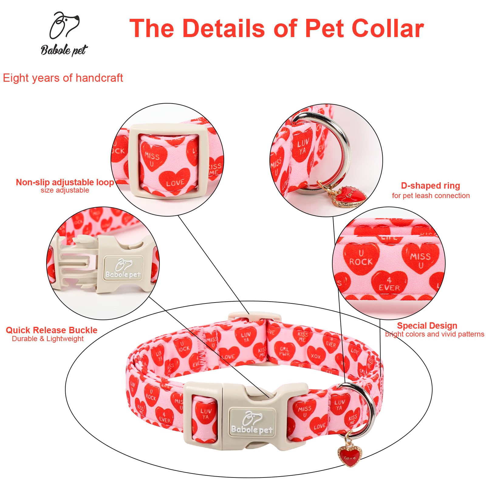 Babole Pet Valentines Dog Collar for Large Dogs - Valentine Red Conversation Hearts Dog Collars, Love Boy Girl Dogs Collars, Lightweight Adjustable Cute Puppy Collar with Quick-Release Buckle L