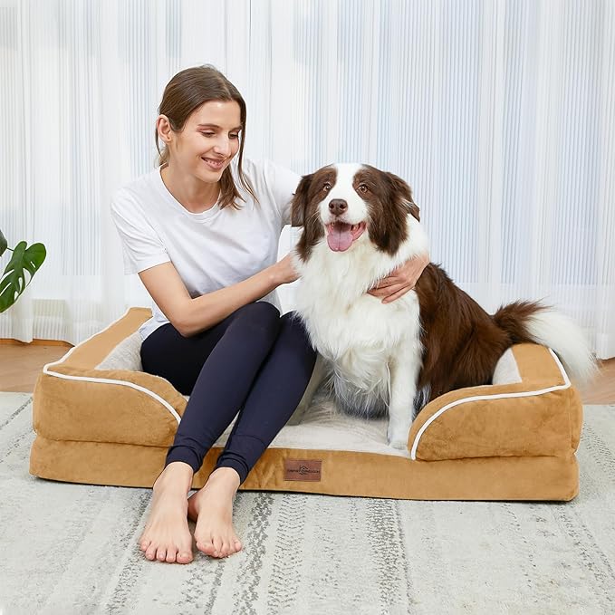 Comfort Expression Orthopedic Dog Bed for Large Dogs 38x25 Inch, Waterproof Supportive Egg Crate Foam Large Pet Bed with Removable Bolsters, Dog Couch with Washable Cover & Non-Slip Bottom, Caramel