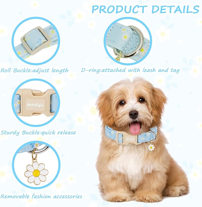 Astdogio Dog Collar for Small Medium Large Dogs, Spring Blue Dog Collars with White Flowers, Adjustable Cotton Dog Collars, Cute Girl or Boy Dog Collar Ideal for Gifts,Pet Accessory,XS