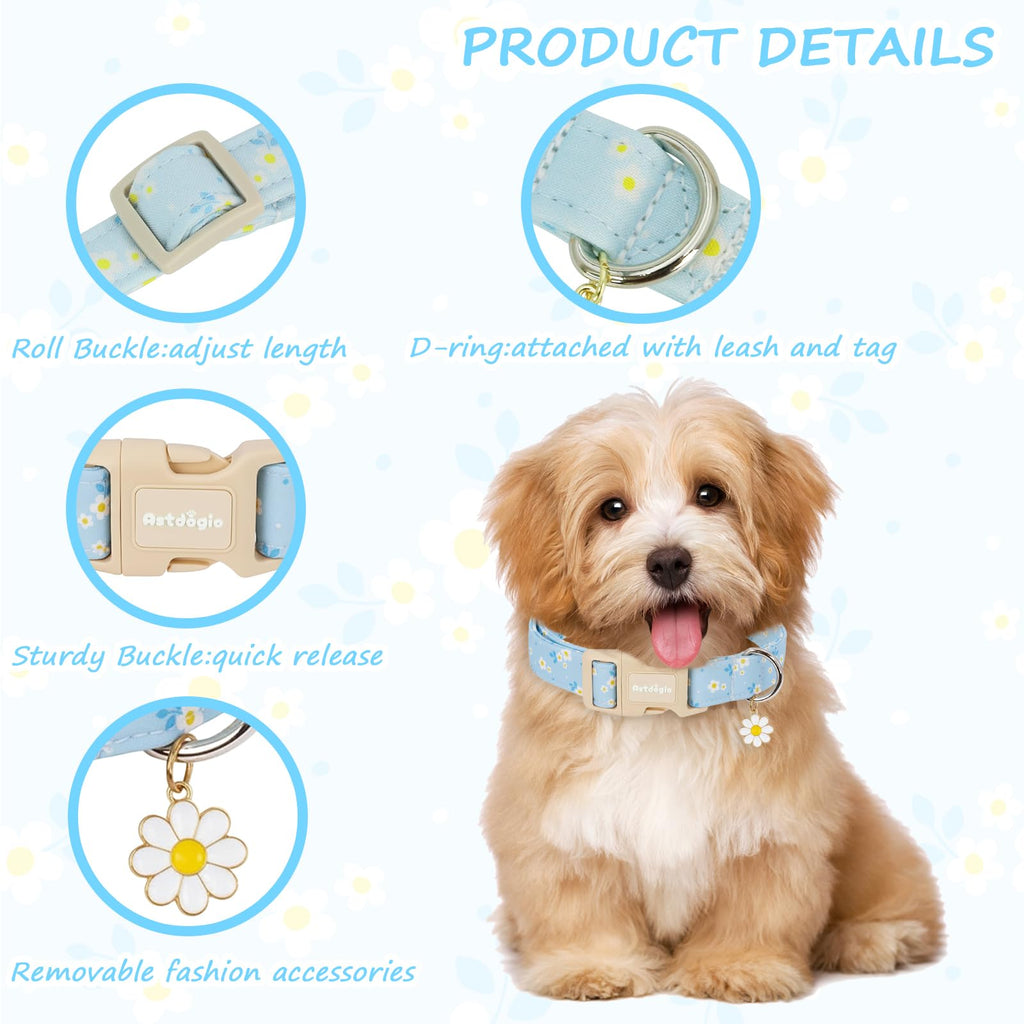 Astdogio Dog Collar for Small Medium Large Dogs, Spring Blue Dog Collars with White Flowers, Adjustable Cotton Dog Collars, Cute Girl or Boy Dog Collar Ideal for Gifts,Pet Accessory,L