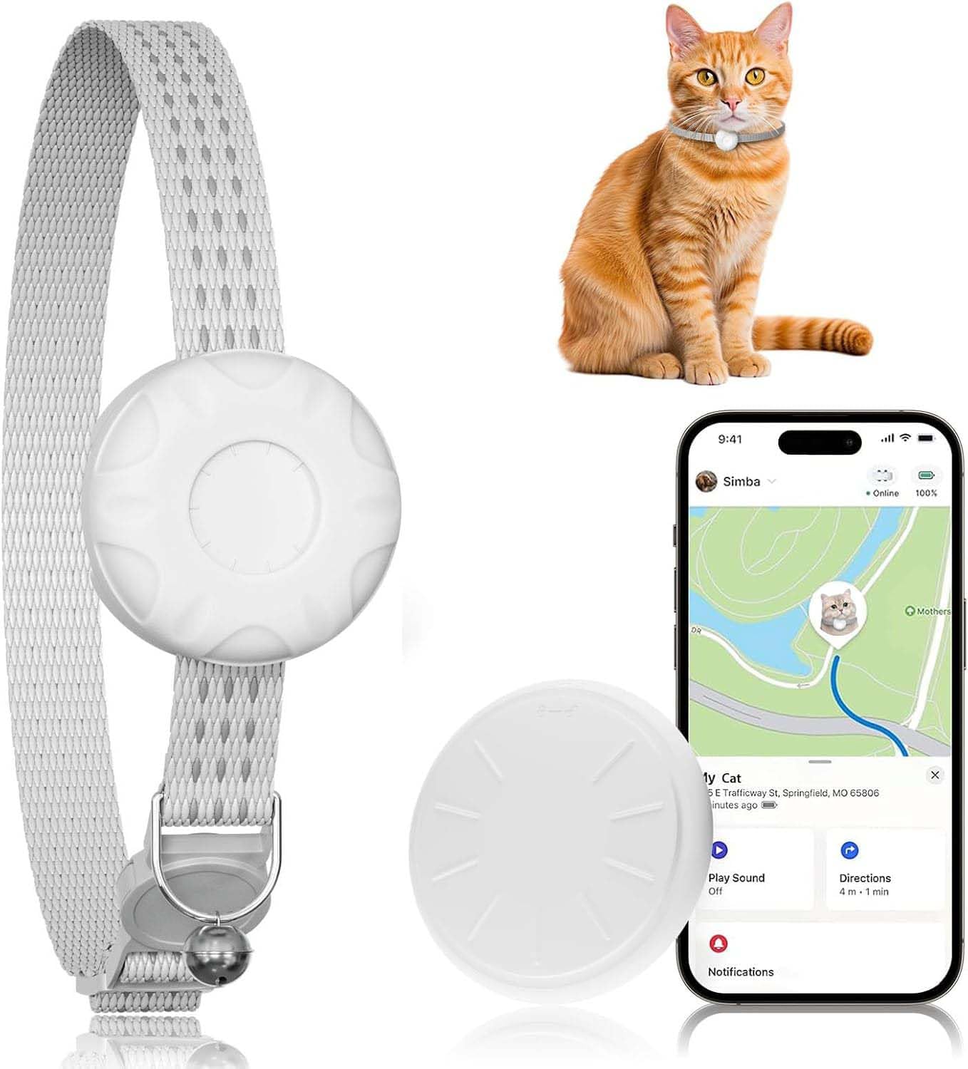 Cat Tracker, No Monthly Fee, GPS Tracker, Compatible with Apple Find My App(Only iOS), Waterproof Cat Trackers Collar with Bell and Safety Elastic Buckle, Real-Time Location, Pet Trackers, White