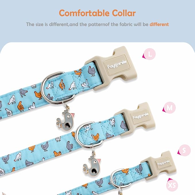 Faygarsle Funny Chicken Pattern Dog Collar, Cotton Fabric, Light Blue with Farm Animal Print for Small Medium Large Dogs, M