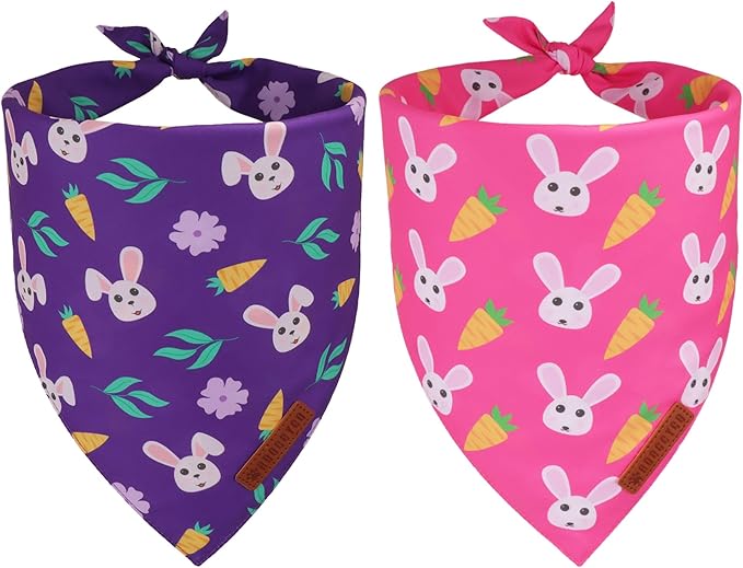 ADOGGYGO Easter Dog Bandana 2 Pack, Bunny Carrot Print Triangle Pet Scarf, Premium Fabric, Reversible Purple Pink Easter Bandana for Medium Large Dogs (Large)