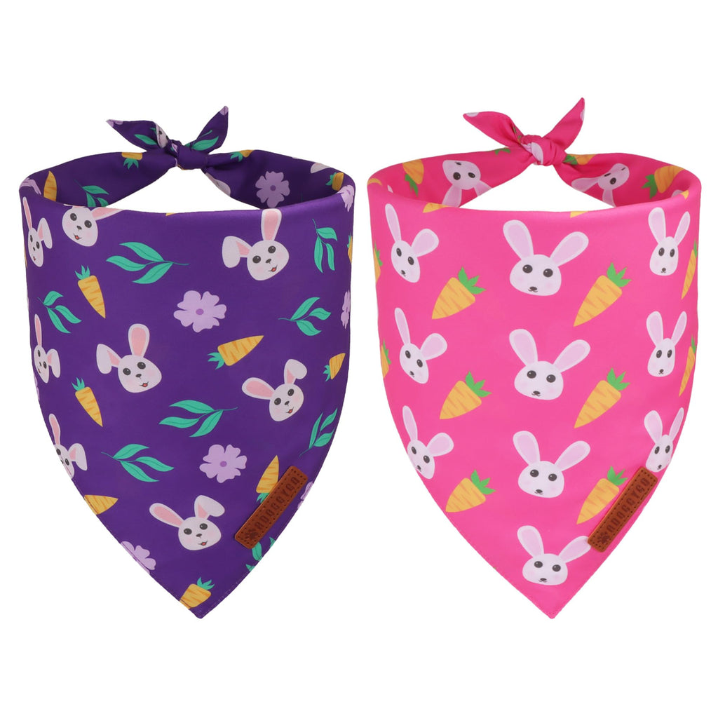 ADOGGYGO Easter Dog Bandana 2 Pack, Bunny Carrot Print Triangle Pet Scarf, Premium Fabric, Reversible Purple Pink Easter Bandana for Extra Large Dogs (X-Large)