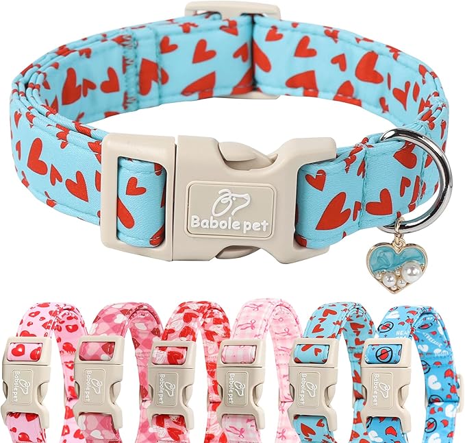 Babole Pet Valentines Dog Collar for Large Dogs - Cute Valentine Blue Dog Collars, Adjustable Puppy Red Hearts Collar with Quick Release Buckle for Boys&Girls Dogs L