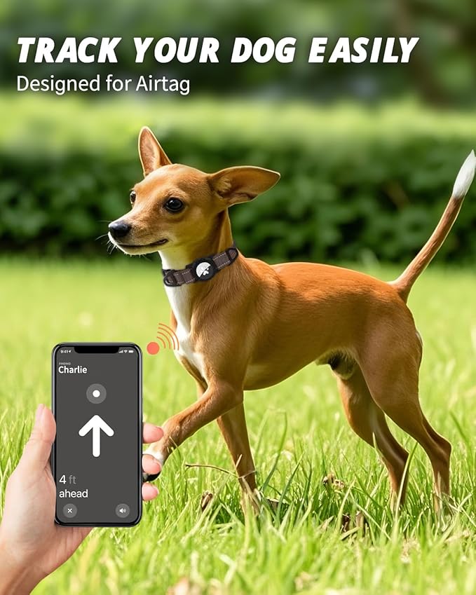 Joytale Airtag Dog Collar, Reflective Pet Collar with Waterproof AirTag Holder, Dual D-Rings, Soft Padded Adjustable for Small Dogs, Brown, S