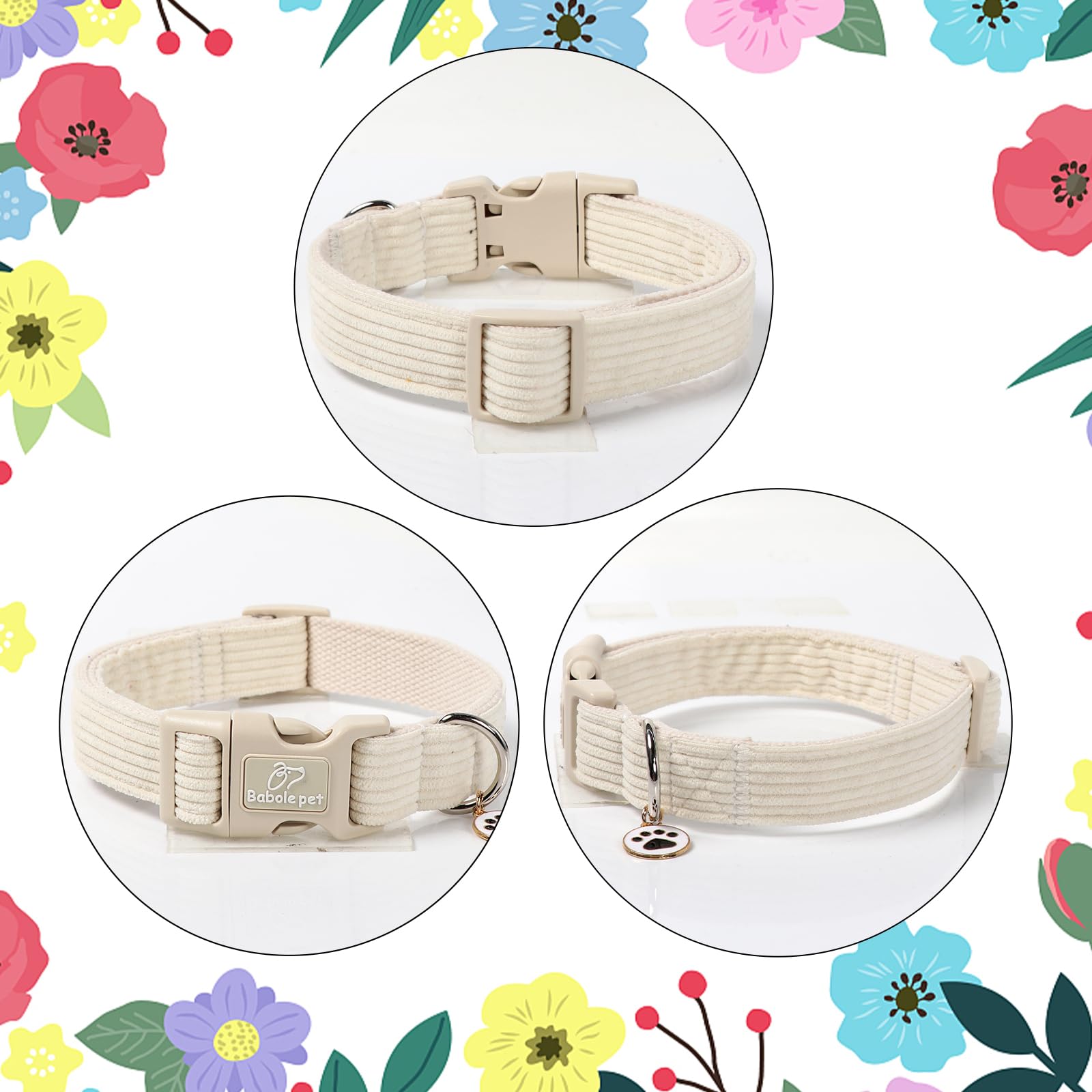 Babole Pet Cute Corduroy Dog Collar - White Adjustable Dog Collars for Small Dogs 10-25lbs, Fade-Proof with Secure Snap & Little Charm, Christmas Birthday Gift, S