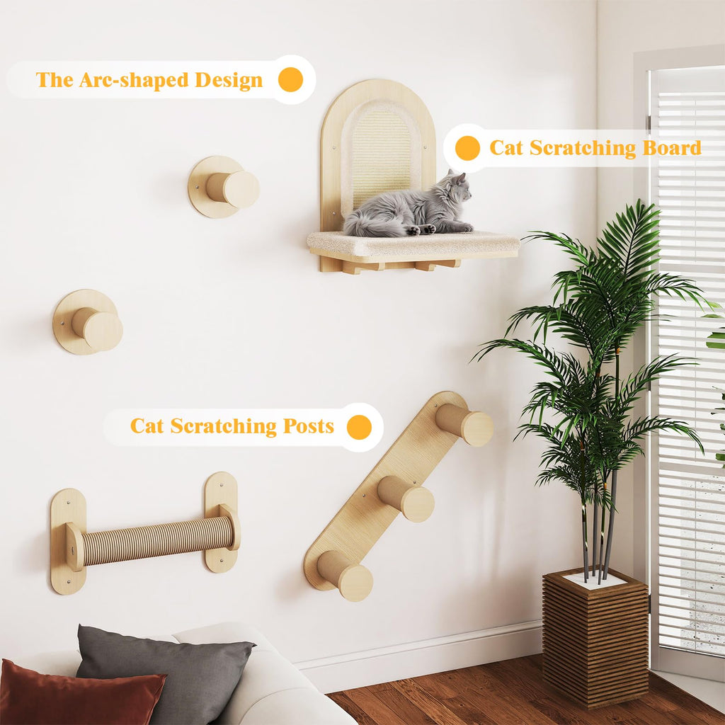 BYBYME 7 Pcs Wall-Mounted Cat Shelves, Multi-Level Sturdy Climbing Frame with Scratching Posts, Kitten Platform & Cat Bed for Playing & Resting, Solid Wood Indoor Cat Room Tree（Natural Wood）