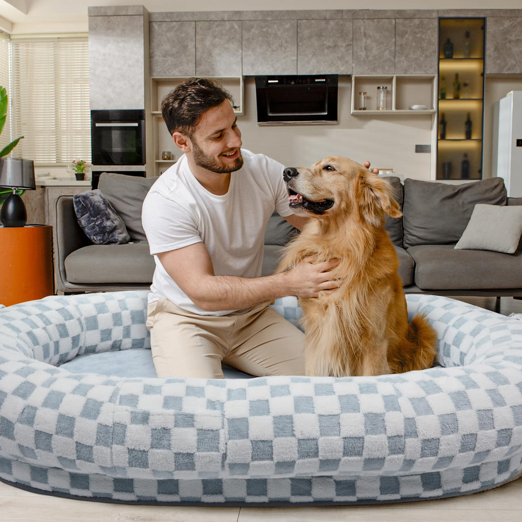 WOZOKE Human Dog Bed 74x50, Memory Foam Waterproof Liner Lounger,Blue Grid