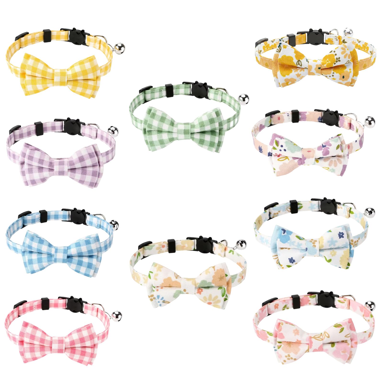 10 Pcs Spring Cat Collar Breakaway with Bow Tie and Bell (Flower)