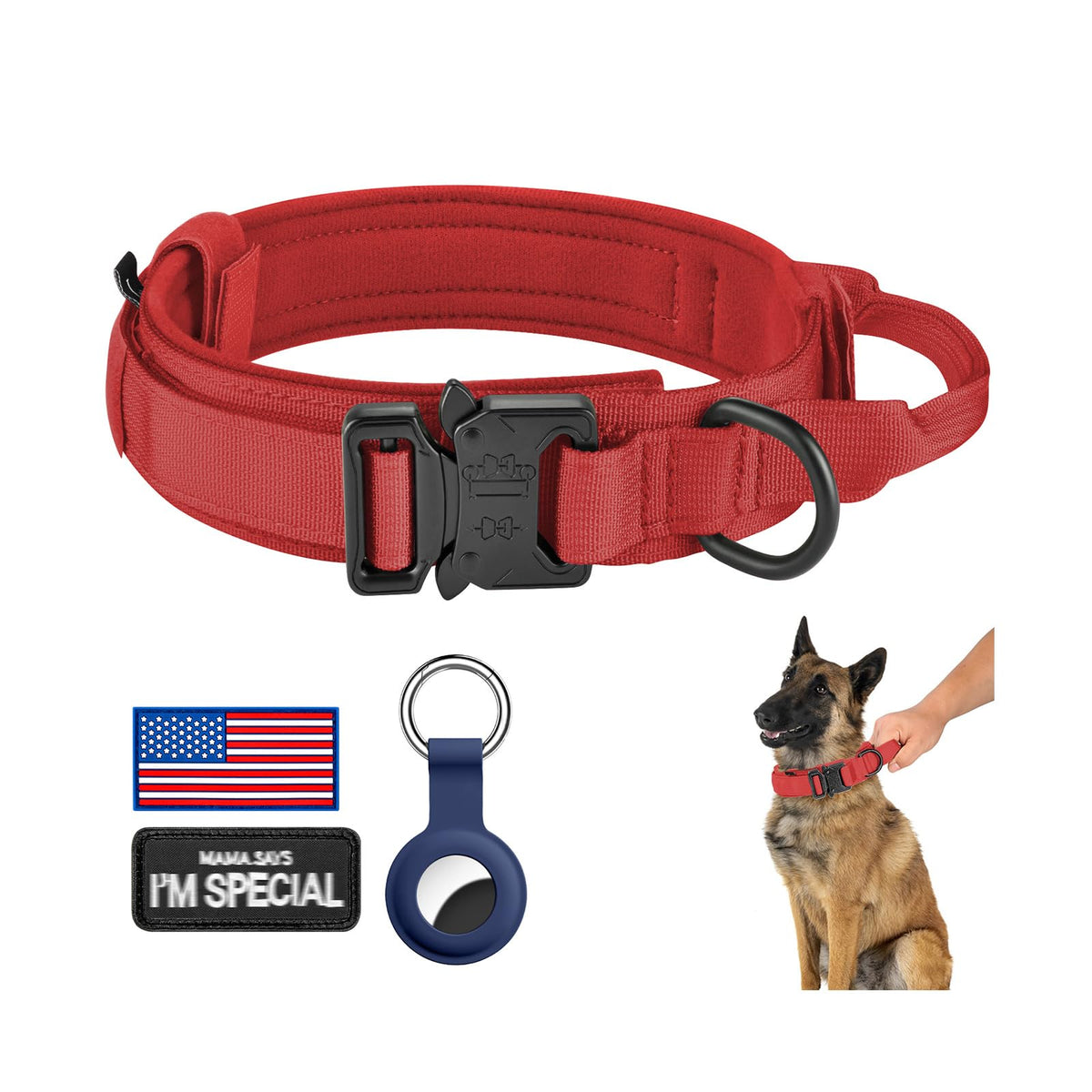 DAGANXI Tactical Dog Collar, Adjustable Military Training Nylon Dog Collar with Control Handle and Heavy Metal Buckle for Medium and Large Dogs, with Patches and Airtags Case (L, Pink)