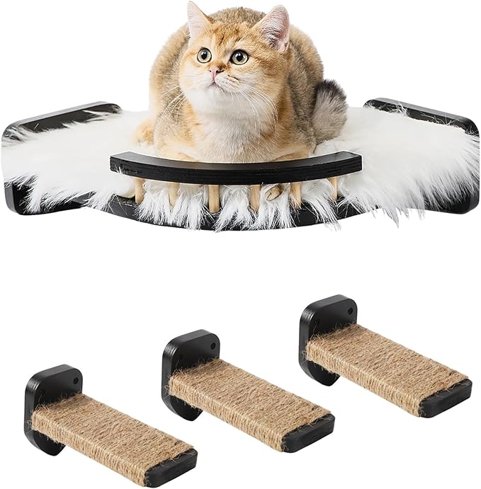 COOLEX Cat Wall Shelves - 3 Steps Scratch Post & Hammock Bed with Plush Cover, Climbing Shelf for Indoor Cats (Black)