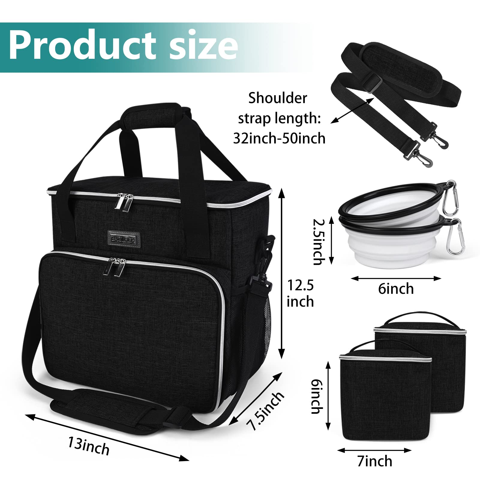 BAGLHER Dog Travel Bag, Pet Travel Bag (ALL Pet Travel Supplies), With 2 Pet Food Containers and 2 Collapsible Silicone Bowls; Essential Kits for Travel Black