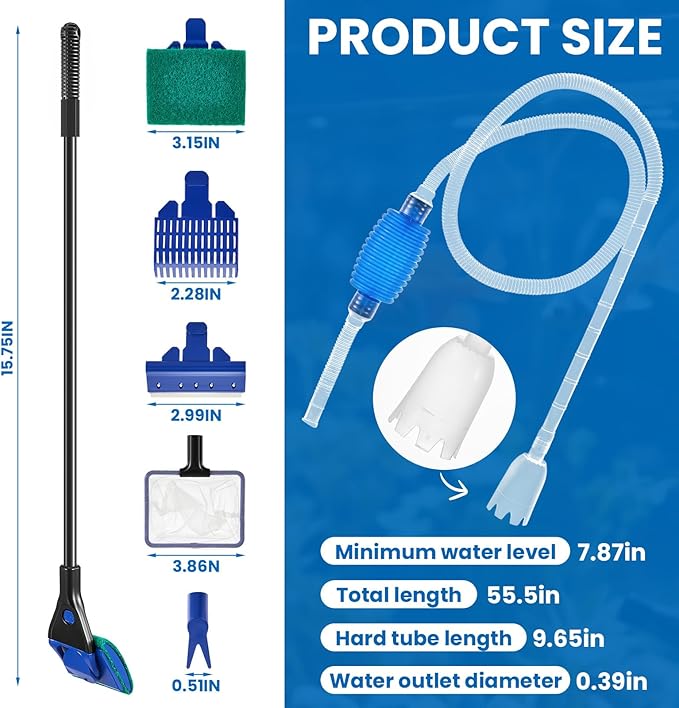 Tiangrid Aquarium Fish Tank Cleaning Tool Kit Include 4 Pcs Long Aquascape Tools Kit 1 Pcs Magnetic Glass Cleaner Brush 5 in 1 Fish Tank Gravel Cleaner and Siphon Vacuum for Terrarium Fish Tank Set