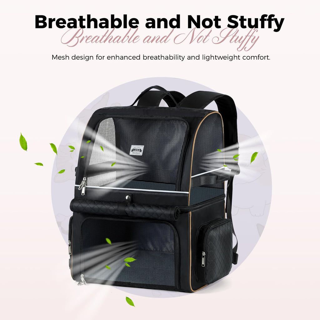 Lekebobor Double Cat Backpack Carrier for 2 Cats, Double-Compartment Pet Carrier Backpack for Two Small Cat or One Medium Cat, Cats Carrier Backpack Dog Carrier Backpack Fits Up to 24 Lbs,Black
