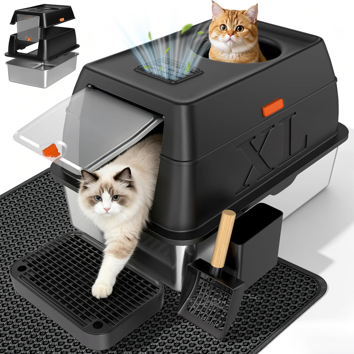 Tevila XL Enclosed Stainless Steel Litter Box with Lid,Black