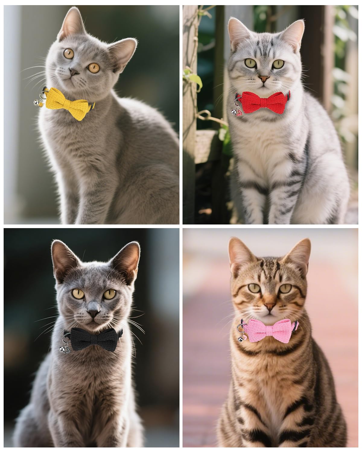 DILLYBUD Cat Collar Breakaway with Bells, Soft Cotton Pink Cat Bowtie Collar for Girl Cats, Small Cats Collar with Bow for Spring Summer, 2 Pack Cute Kitten Collars with Removable Bowtie 8-12Inch
