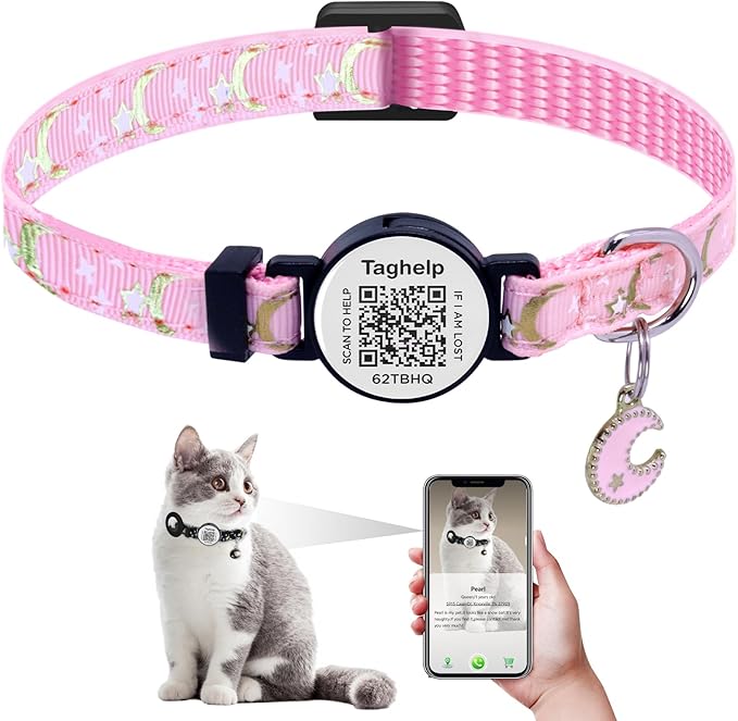 Stars and Moon AirTag Collar with AirTag Holder & Bell,Air Tag Cat Collar for Apple. Solid & Safe, Pet Collar, Breakaway Cat Collar,Smart QR Code Cat ID Tags - Pet Online Profile(Pink)