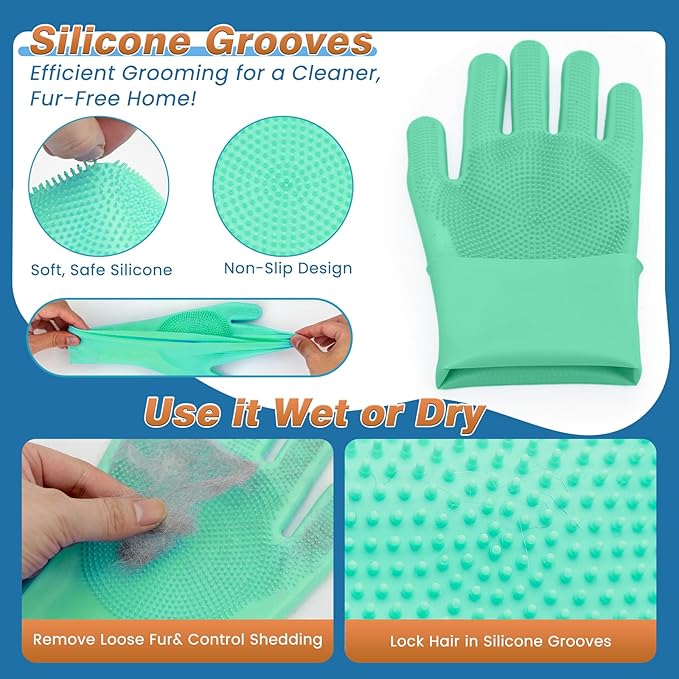 MIYIJHY 7PCS Dog Washing Gloves | Dog Bath Brush | Storage Bag | Dog Finger Toothbrush for Short & Long Haired Dogs & Cats | Efficient Deshedding Bathing & Massaging, Suitable for Pets (Sage Green)