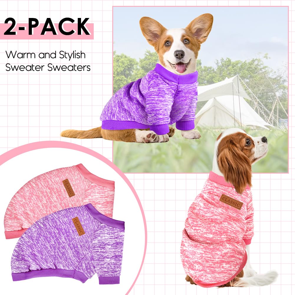 2 Pack Dog Sweaters for Small Dogs Girl Boy Winter Fleece Clothes Warm Soft Dog Sweatshirt Outfit for Dogs Cats Pet Apparel (Pink+Purple, XS (Back: 9.8",Chest: 13.7", 3.5-5.5lbs))