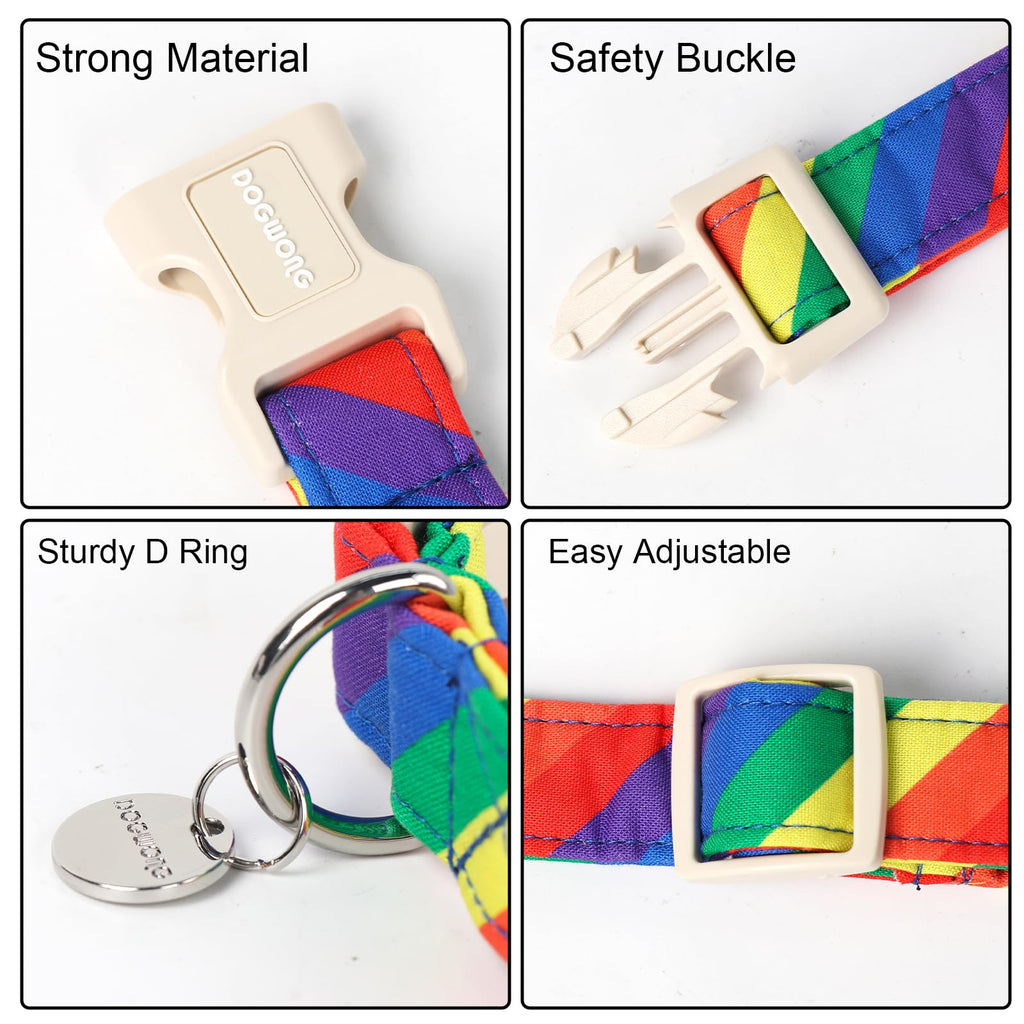DOGWONG Cotton Dog Collar, Rainbow Dog Collar Durable Soft Natural Fabric Pet Dog Collar Cute LGBTQ Puppy Necklace for Small Medium Large Dog