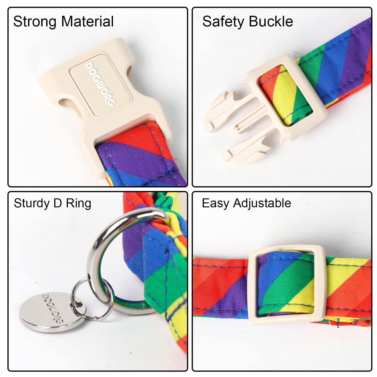 DOGWONG Rainbow Dog Collar, Soft Natural Fabric, Cute LGBTQ Puppy Necklace for Small to Large Dogs