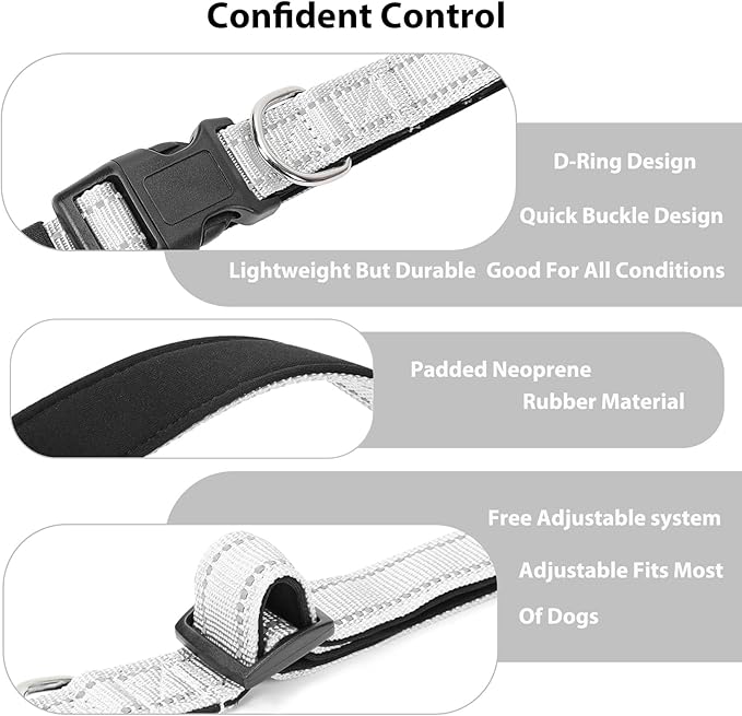 PenSeepet Reflective Dog Collar Padded with Soft Neoprene Breathable Quick Release Basic Dog Collars for Medium Large Dogs Boy Girl Silver