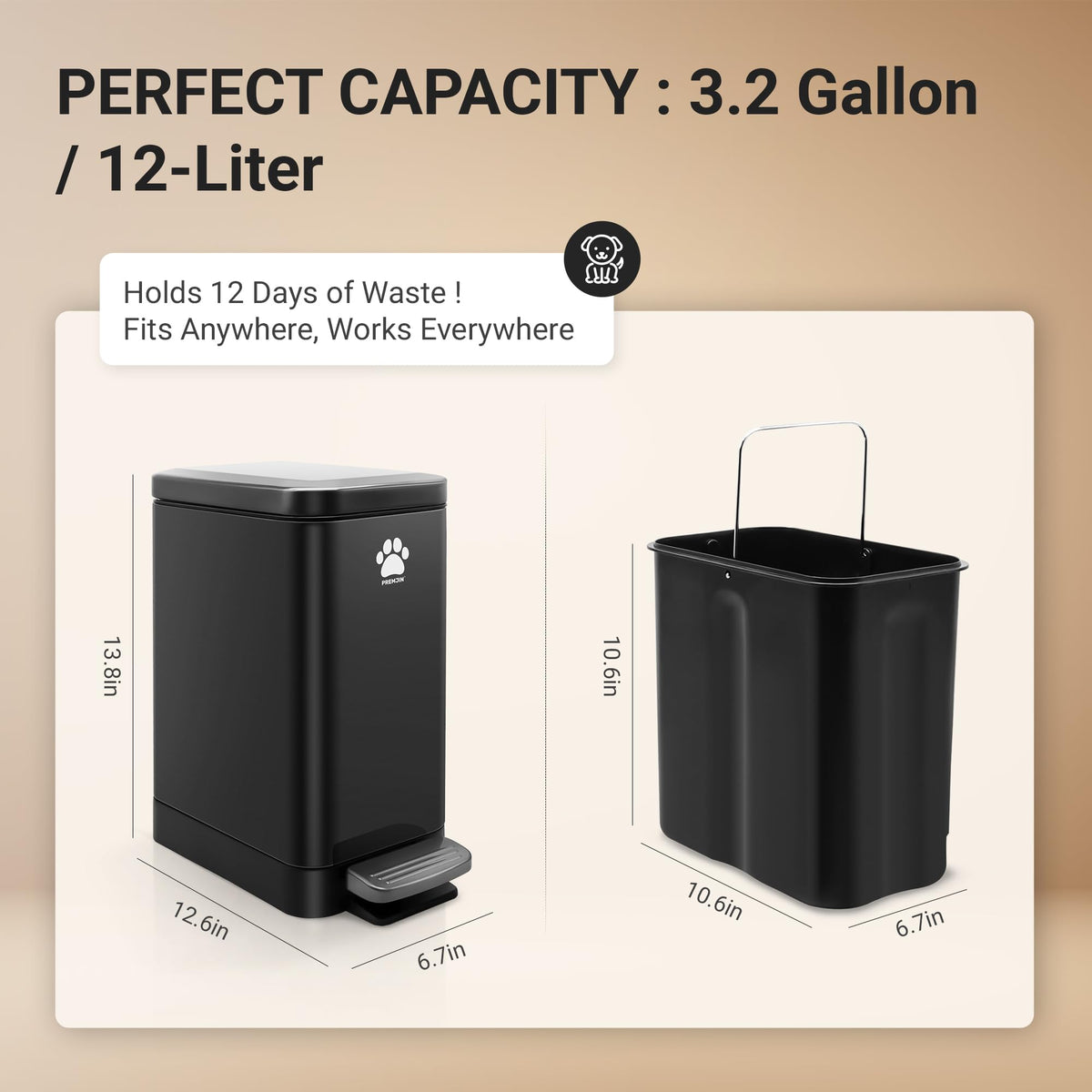 Dog Poop Trash Can with Scooper, 12L Outdoor Metal Waste Bin for Yard