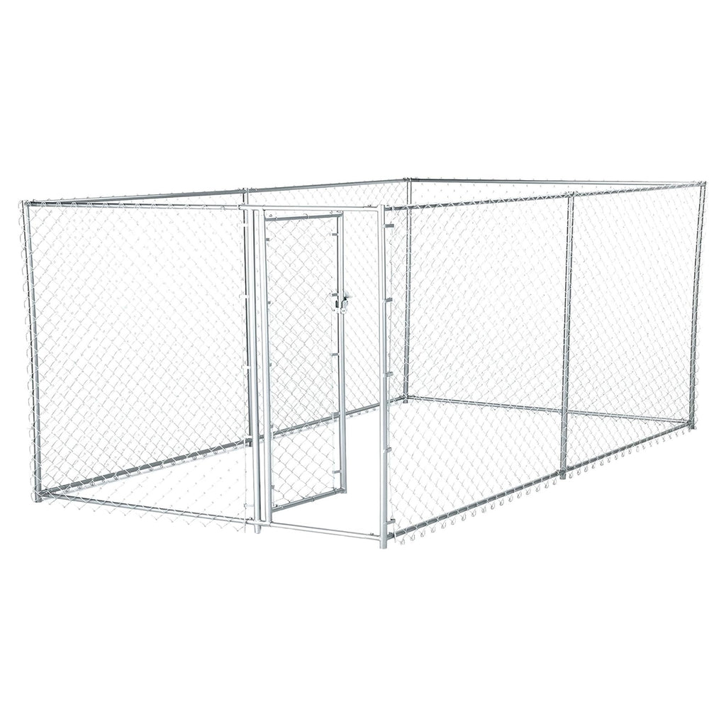 Lucky Dog Heavy Duty Outdoor Galvanized Chain Link Dog Kennel Enclosure with Latching Door, 1.5 Inch Raised Legs, and Adjustable Configuration, Silver