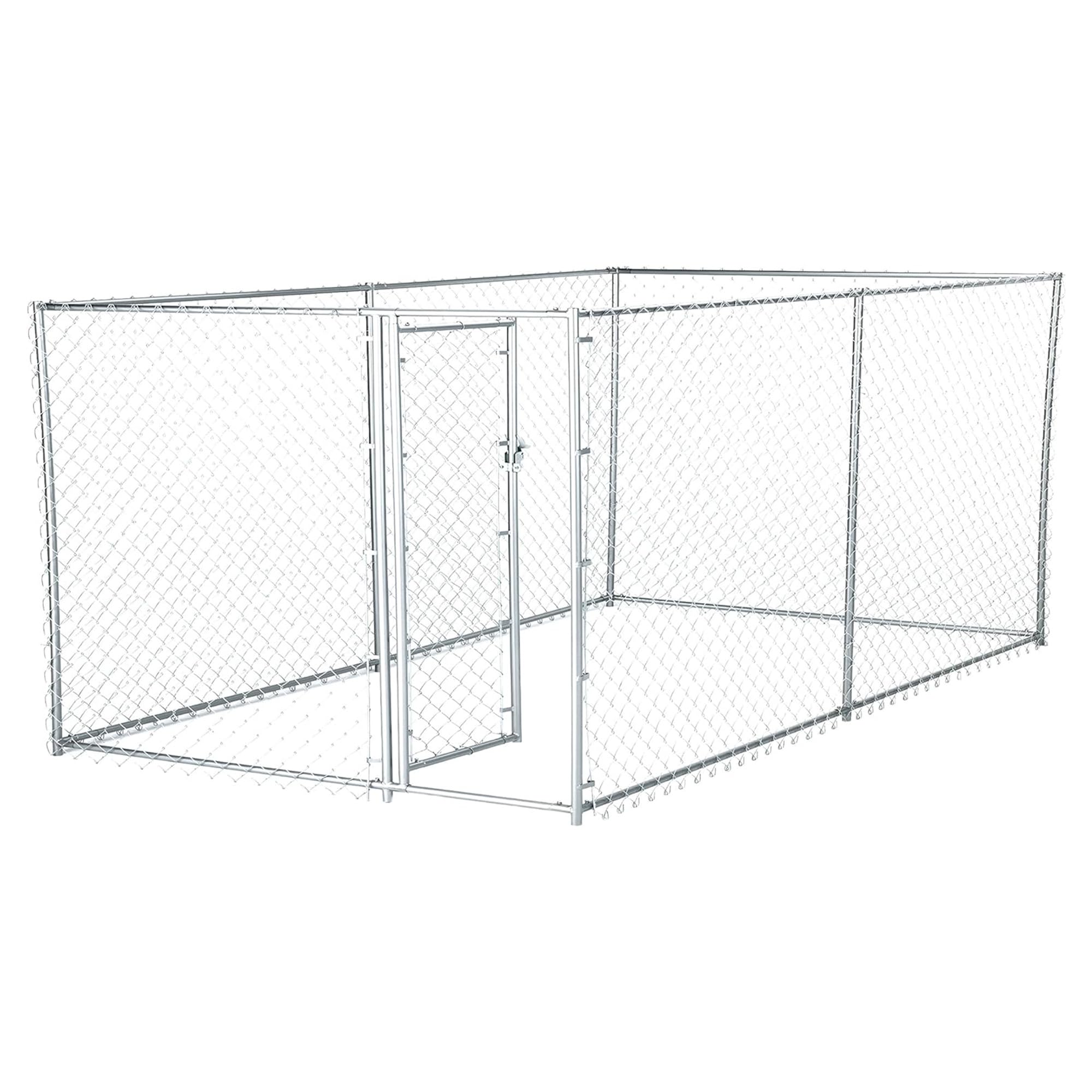 Lucky Dog Heavy Duty Outdoor Galvanized Chain Link Dog Kennel Enclosure with Latching Door, 1.5 Inch Raised Legs, and Adjustable Configuration, Silver