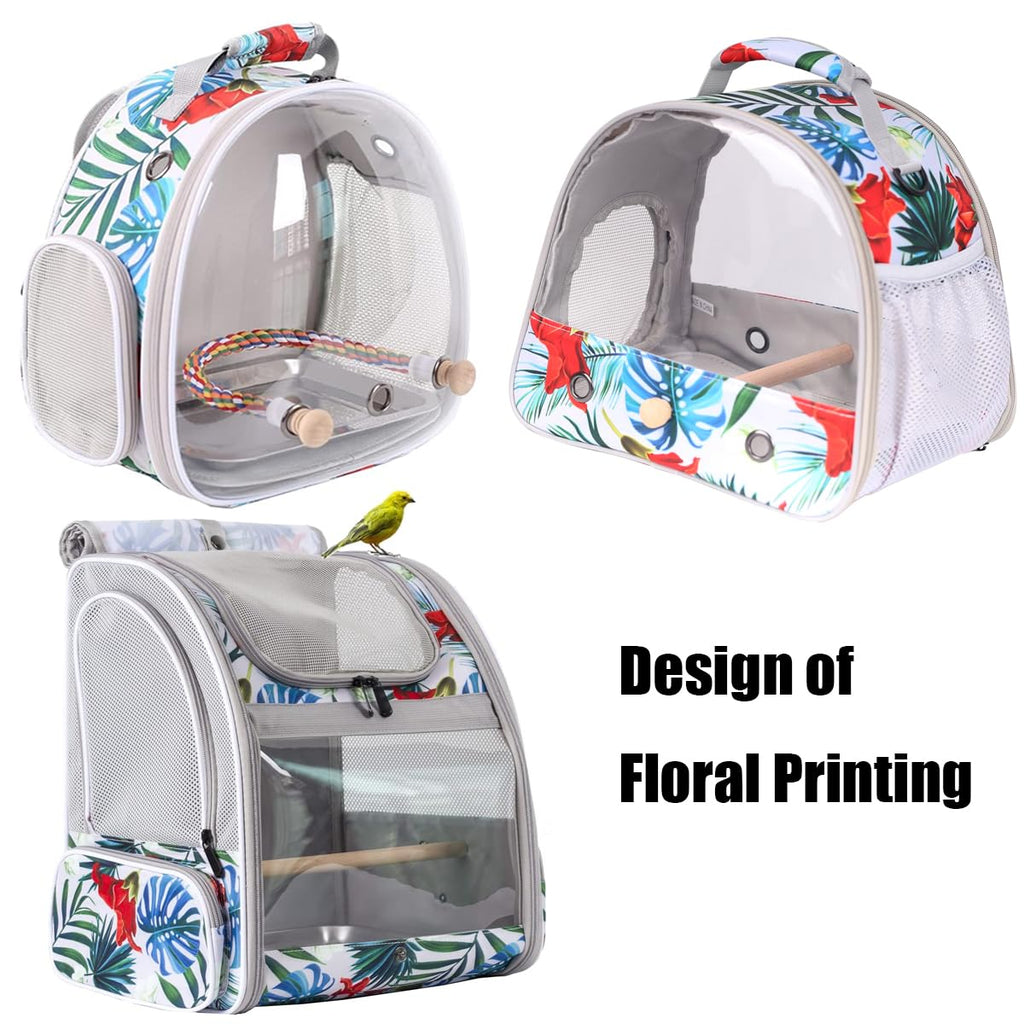 ORIZZP Portable Small Bird Travel Carrier Cage with Stand Perch, Bird Carrier to Carry Parakeet Budgies Parrot Cockatiel Conure Outdoor, Front Clear Window with Floral Printing