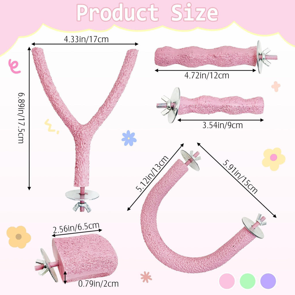 PINVNBY 5 Pack Bird Perch Resin Bird Beak Grinding Stone Parrot Cage Stand Platform Foot Claws Trimmer Chew Toy Cage Accessories for Budgie Cockatiel Conure Lovebird Finch (Pink)