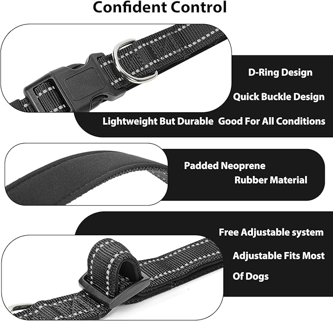 PenSeepet Reflective Dog Collar Padded with Soft Neoprene Breathable Quick Release Basic Dog Collars for Large Dogs Black Boy Girl