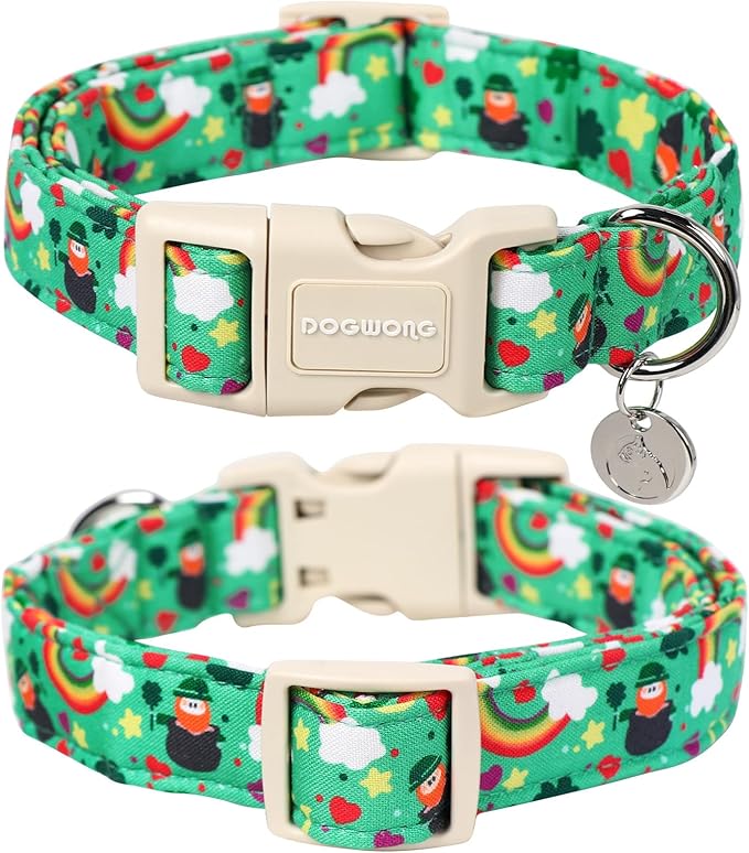 DOGWONG St. Patrick's Day Dog Collar, Lucky Clover Shamrock Green, Small, Soft Durable Adjustable Costume, Breakaway Closure