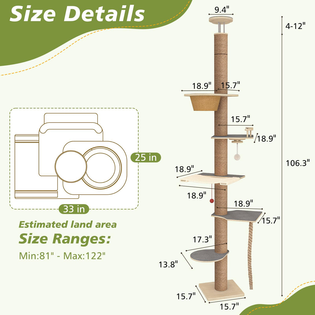 Cat Tree Floor to Ceiling, Cat Tower with Hammock & Perch, Scratching Post