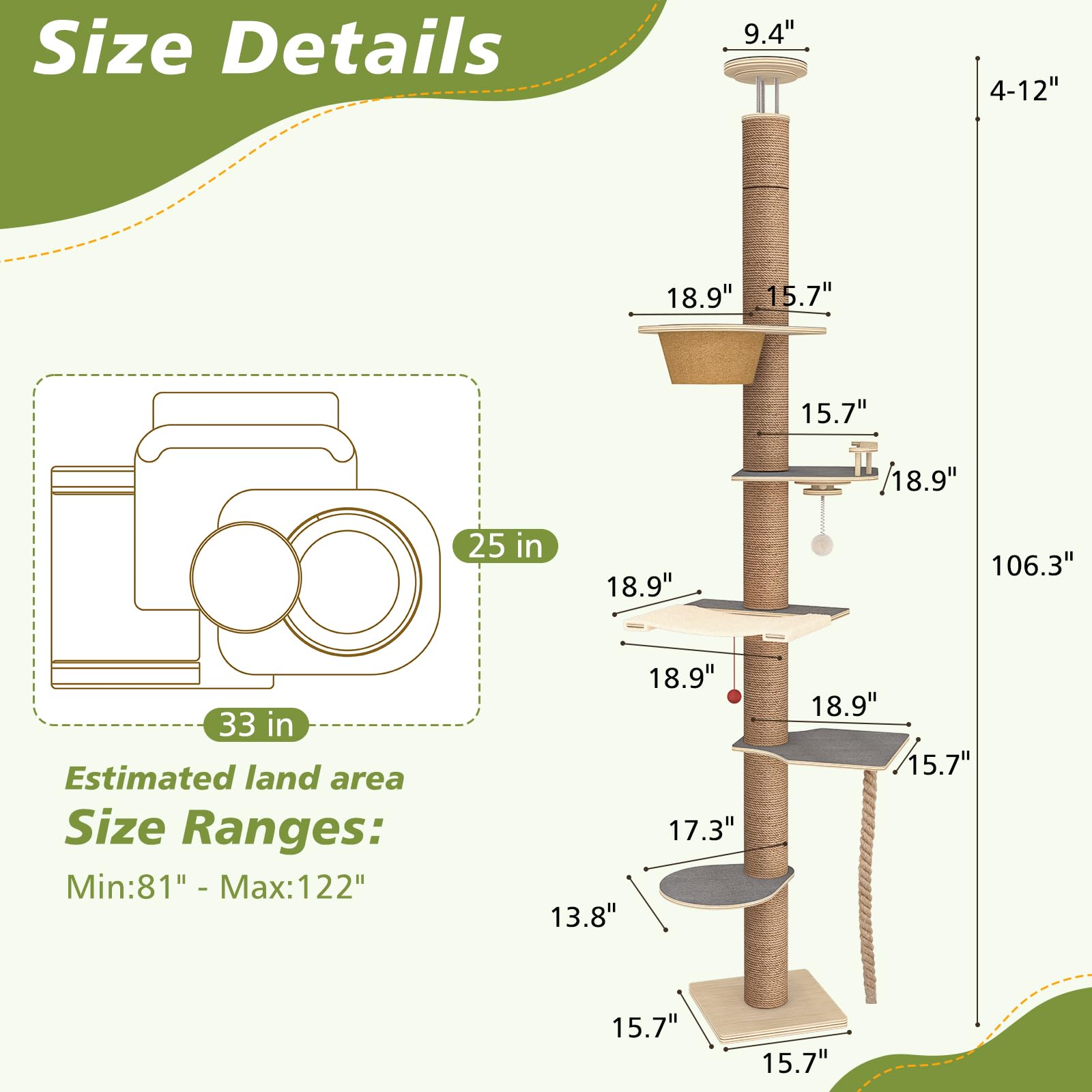 Cat Tree Floor to Ceiling, Cat Tower with Hammock & Perch, Scratching Post