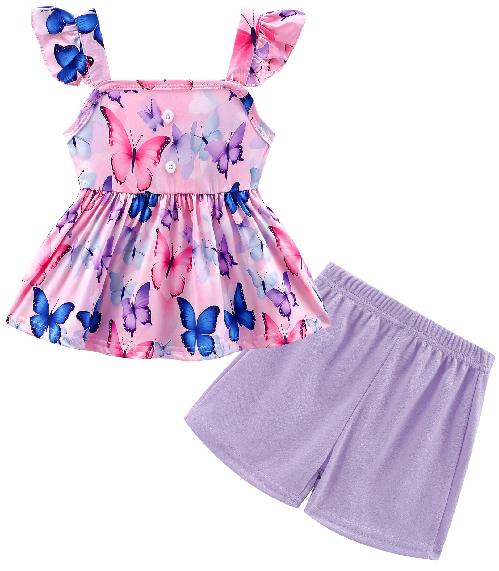 Popshion Girls Short Set Toddler Girls Summer Clothes Butterfly Outfit Ruffle T-Shirt Purple Short Outfits Cute 2 Piece Outfits Size 7t/2040
