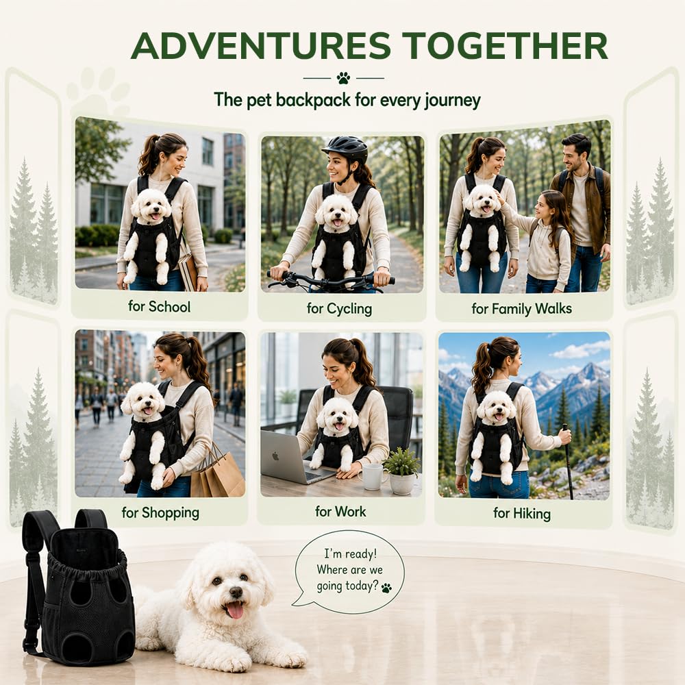 Inspack Dog Backpack Carrier/Cat Carrier, Adjustable Pet Front Carriers Travel Bag for Puppy Medium Dogs, Legs Out, Soft Ventilated Dog Chest Carry Backpacks for Hiking/Camping, 7-11 lbs, Black