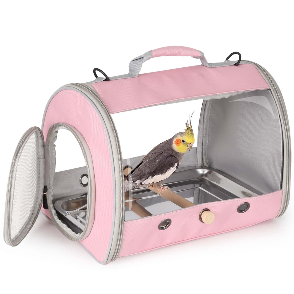 Bird Carrier, Portable Small Bird Parrot Parakeet Carrier with Standing Perch and Stainless Steel Tray, Side Access Window Collapsible (Black, Cylinder Design - Clear)