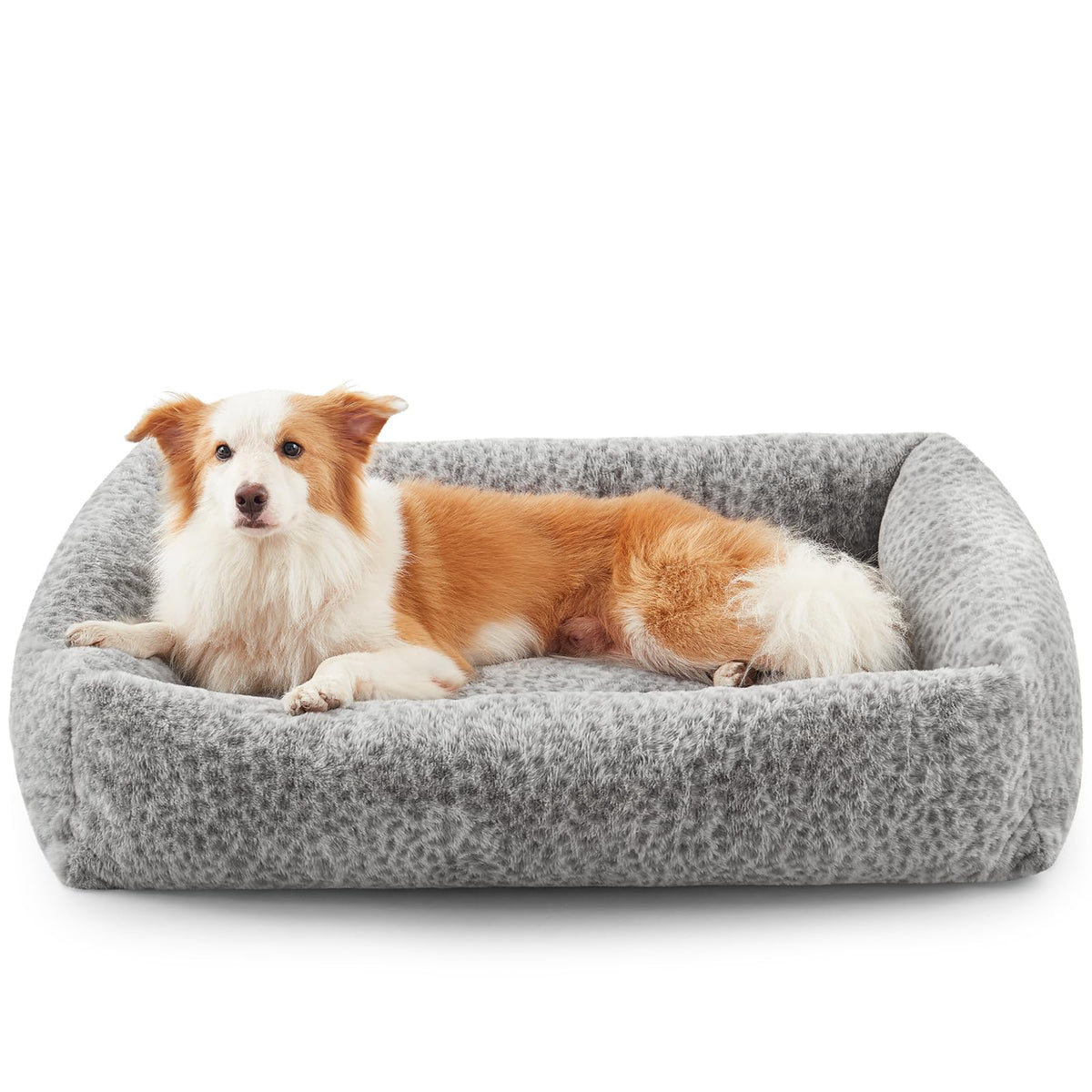 JOEJOY XL Dog Beds Large Sized Dog, Removable Washable Cover Orthopedic Soft Faux Rabbit Fur Pet Bed, Anti-Slip Fluffy Plush Faux Rabbit Fur Puppy Bed, 42"x36"x9", Leopard Print, Grey