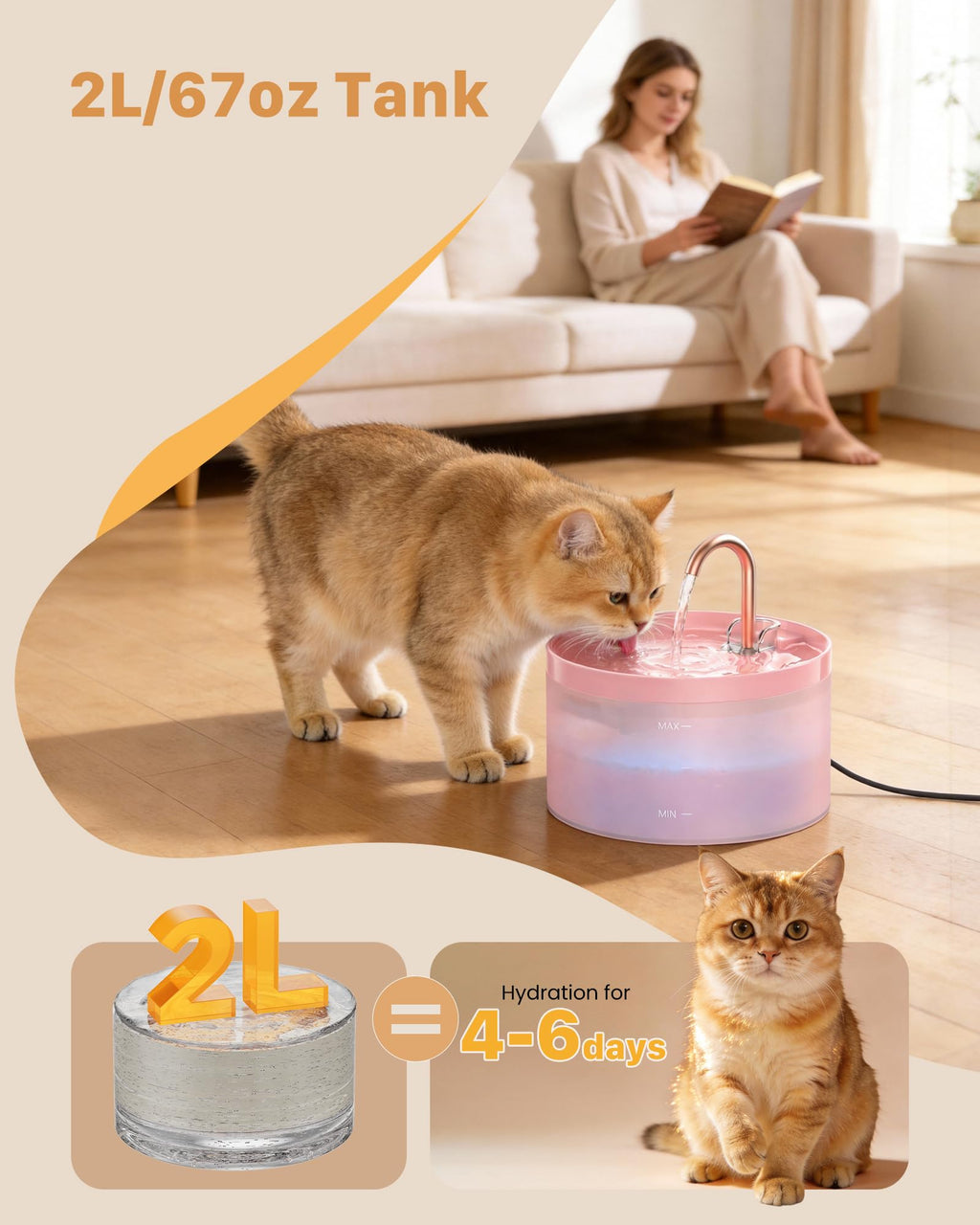 Cat Water Fountain Pink for Drinking: 67oz/2L Cat Fountain - GIOTOHUN Cute Pet Water Fountain for Cats Inside - Quiet Pet Fountain - Faucet Cat Drinking Fountain - Suitable for Kitty & Kitten