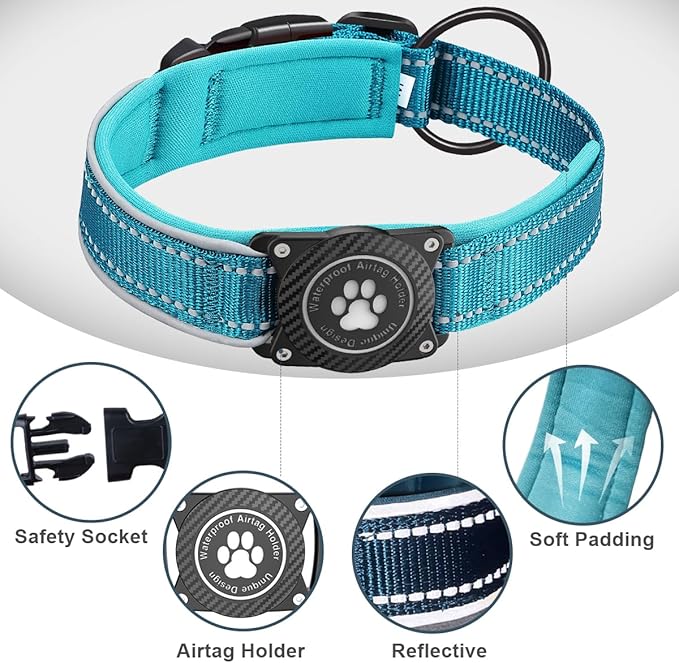 OKVSKO Airtag Dog Collar with Waterproof Air Tag Holder, Luminous Reflective, Soft Padded, Adjustable Nylon Pet Collar for Small Medium Large Heavy Duty Dogs,Blue, S